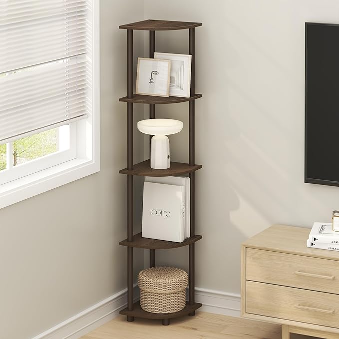 Furinno Turn-N-Tube Corner Shelf, 5-Tier Corner Bookshelf, Open Storage Shelves, for Organization and Storage, Living Room, Home Office, Garage, Bedroom, Black Walnut