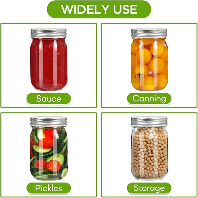 Glass Mason Jars with Silver Lids 16 oz - 15 Pack Regular Mouth Canning Jars for Food Storage, Meal Prep, Overnight Oats, DIY Crafts - Includes 24 Stickers & Brush