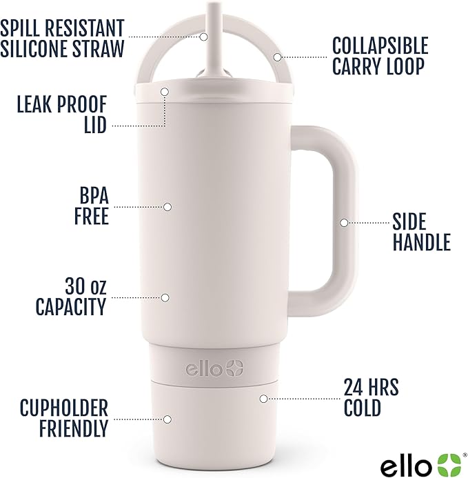 Ello Port 30oz Tumbler with Carry Loop & Integrated Handle | Vacuum Insulated Stainless Steel Reusable Water Bottle Travel Mug | Leak Proof Lid | Flexible Straw | BPA-Free | Dishwasher Safe | Cream