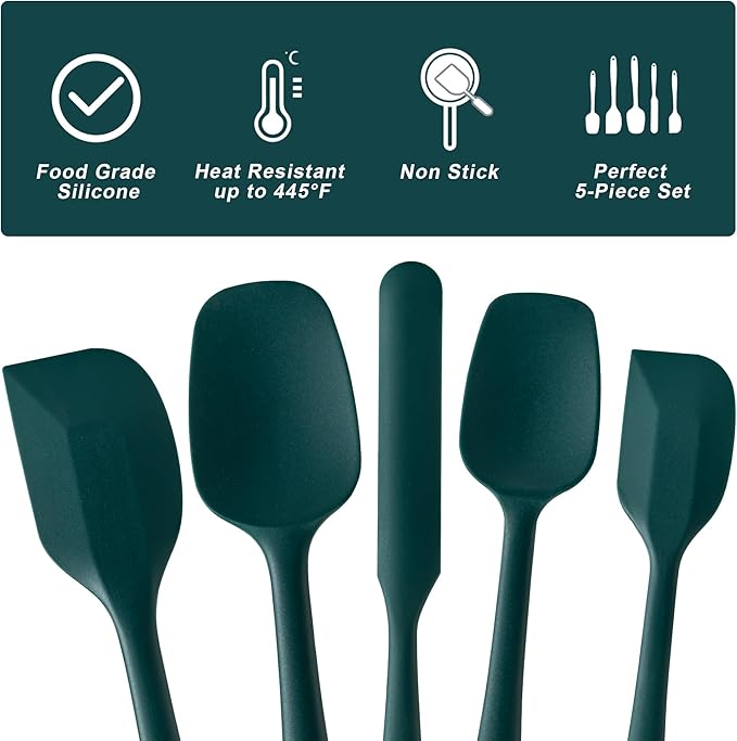 Silicone Spatula Set, 5 Piece Food Grade Rubber Spatulas for Baking, Cooking, and Mixing High Heat Resistant Non Stick Dishwasher Safe BPA-Free (Dark Green)