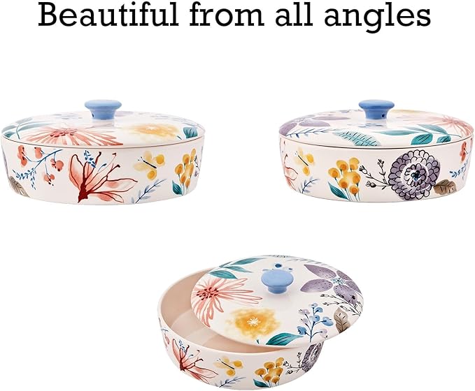 Bico Blossom Symphony Ceramic Tortilla Warmer, 8.9 Inch Tortilla Holder with Lid for Taco Bread Pancake for Mexican Night and Party, Microwave and Dishwasher Safe