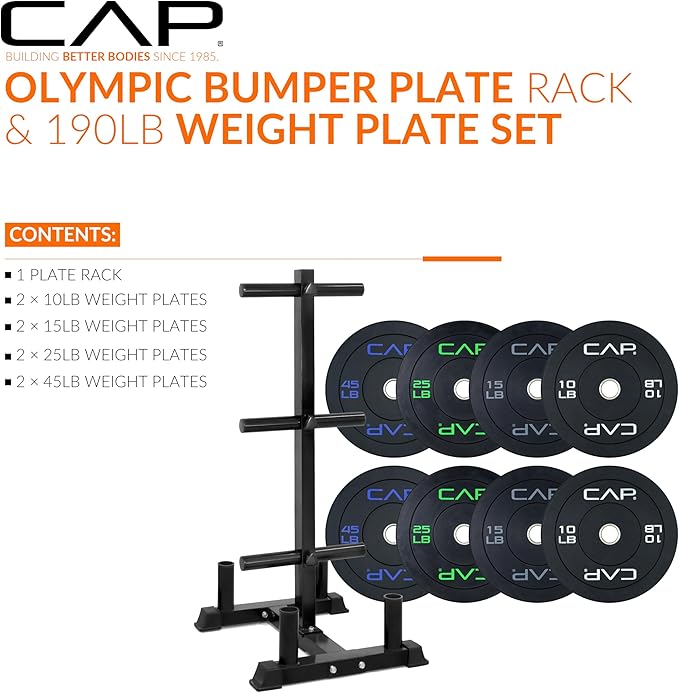 CAP Barbell 2-Inch Olympic Bumper Plate Weight Set with 6 Post Rack | 100-370 lbs | Multiple Options