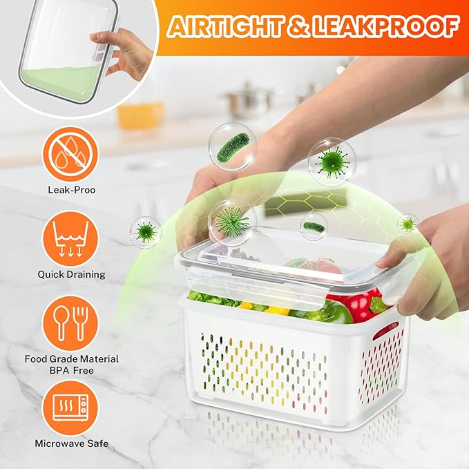 4 PCS Fruit Storage Containers for Fridge with Lids and Strainer, Fruit Containers for Fridge,Plastic Fresh Produce Saver Keeper for Vegetable Fruit Salad, BPA Free Fruit Organizer for Refrigerator
