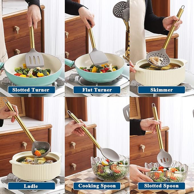 Gold Kitchen Utensils Set, Kyraton 38 Pieces Non-Stick Silicone Cooking Utensils Set, Spoon Spatula Set with Sturdy Stainless Steel Utensil Holder, Dishwasher Safe