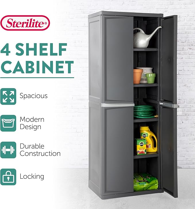 Sterilite 2-Pack 4 Shelf Cabinet, Lockable Utility Storage w/ Adjustable Shelves, Gray - Plastic Shelving Unit for Organizing Garage, Pantry, Basement, Laundry Room or Mudroom