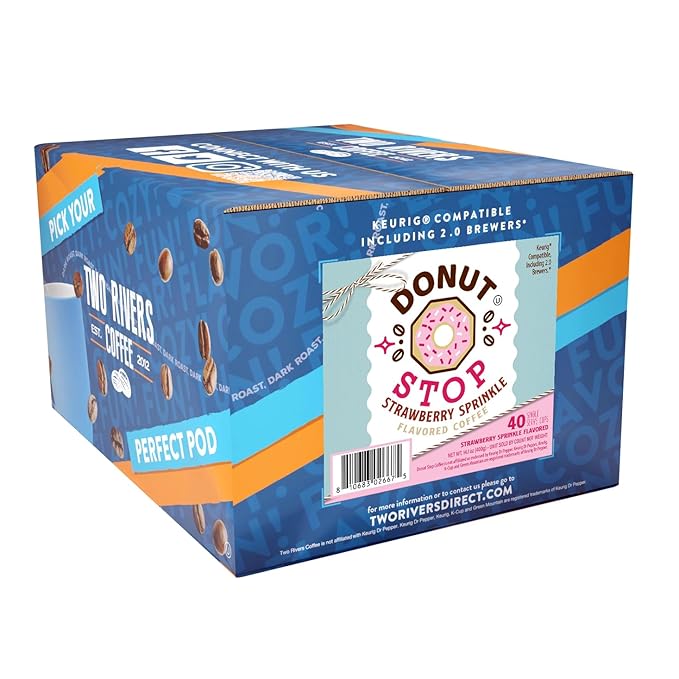 Donut Stop Medium Roast Coffee Pods, Strawberry Sprinkle Flavor, 40 Count, Compatible with 2.0 K Cup Brewers