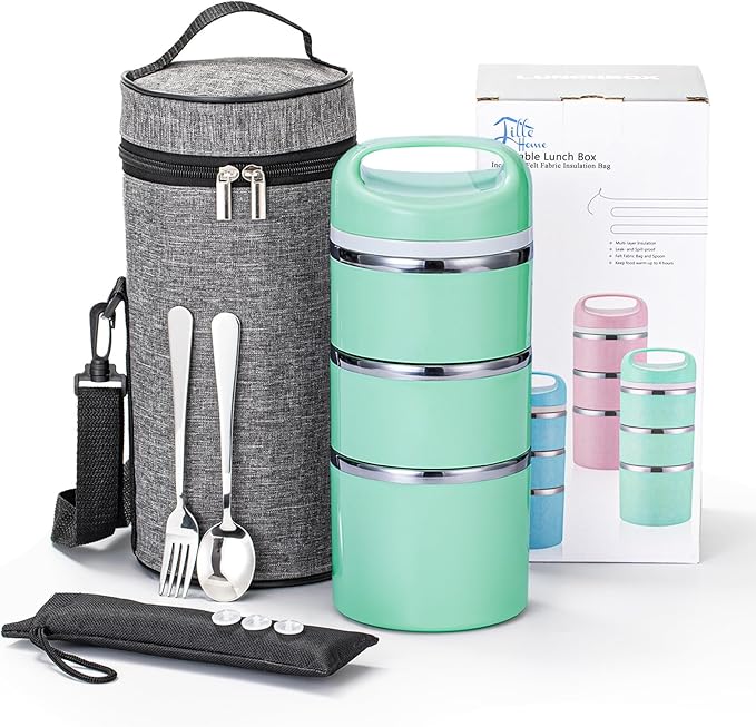 Lille Home Stackable Stainless Steel Thermal Compartment Lunch/Snack Box, 3-Tier Insulated Bento/Food Container with Lunch Bag, Utensils Set and Three Extra Seals, 43OZ