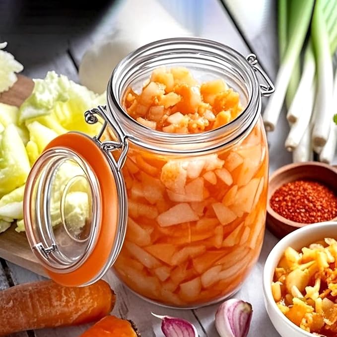 Encheng 32 oz Wide Mouth Mason Jars with Airtight Hinged Lids, Large Glass Jar with Lid for Pickling, Fermentation, Canning, Food Storage – Set of 4 Glass Storage Containers