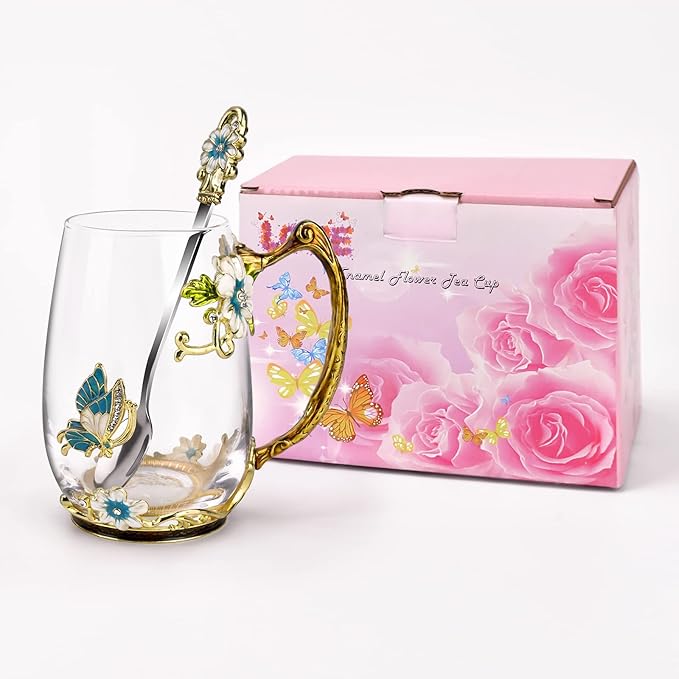 OEAGO Birthday Gifts for Women Mom Glass Coffee Enamels Mug Best Mothers Day Butterfly Gifts for Her from Daughter Son Lead-Free Christmas Tea Cup with Spoon Sets