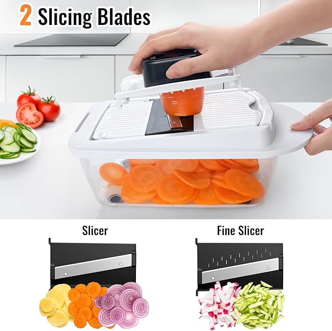 12 Blade All-in-1 Vegetable Chopper Mandoline Slicer with Container, Spiralizer with Contianers, Food Chopper, Onion Chopper, Veggie Cutter for Salad, Kitchen Gadgets Accessories Essentials, White