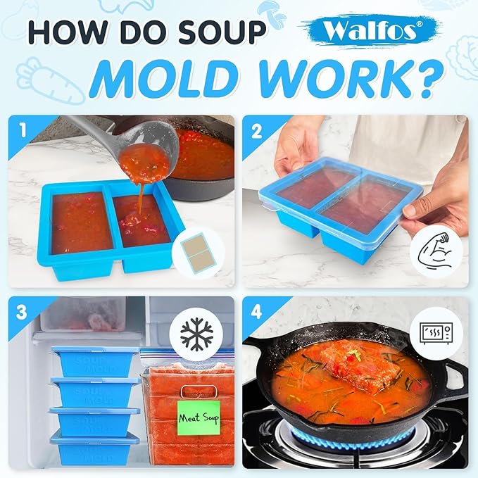 Walfos Silicone Soup Freezer Container, 1.5-Cup Soup Freezer Cube Tray with Lid Prevents Freezer.Soup Freezer Molds.BPA FREE and Dishwasher Safe.Silicone Mold for Soup and Food Storage -blue- 3-Pack