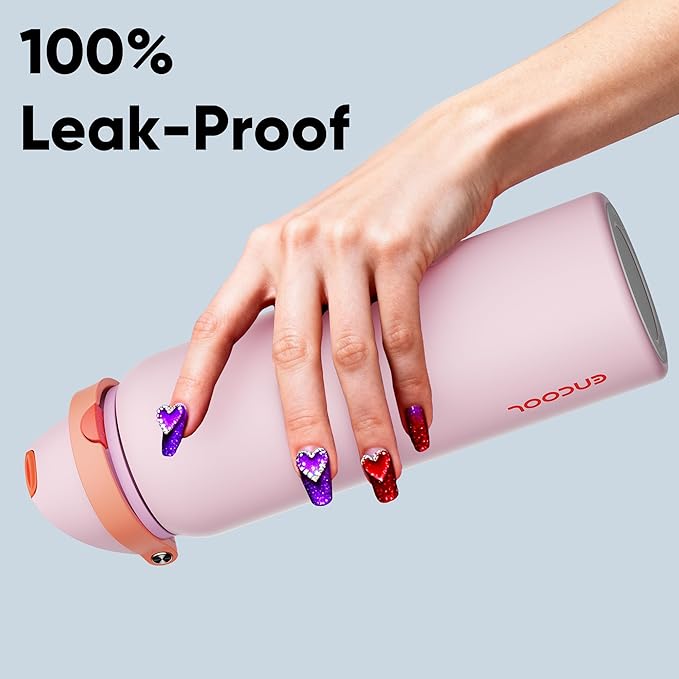 Insulated Water Bottle with Straw - Encool Stainless Steel Water Bottle with Push Button Lid, Leak-Proof & BPA-Free, Keeps Cold for 24 Hours for Sports, Travel, Gym (40 oz, Lily-Red)