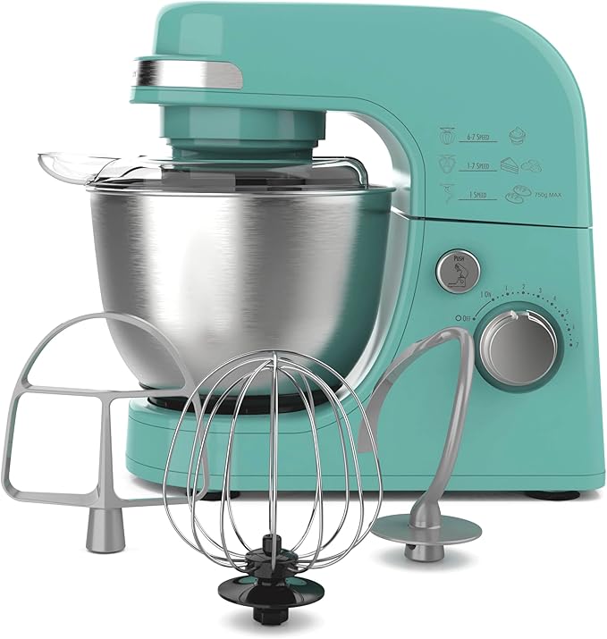 Hamilton Beach Electric Stand Mixer, 4 Quarts, Dough Hook, Flat Beater Attachments, Splash Guard 7 Speeds with Whisk, Aqua
