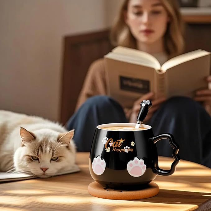 Bgbg Cute Cat Mug, Novelty Ceramic Coffee Tea Milk Cup with Lovely Kitty Lid, Kawaii Claw Spoon, Anime Coaster, Novelty Things Birthday Christmas Gift for Cat Lovers Women Her, 14 oz, Black