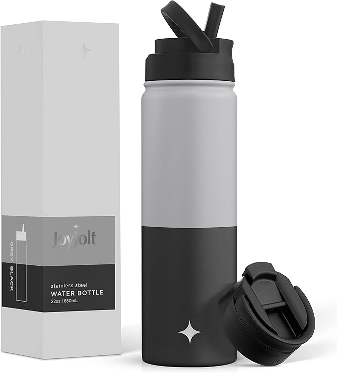 JoyJolt Triple Insulated Water Bottle with Straw Lid AND Flip Lid! 22oz Water Bottle, 12 Hour Hot/Cold Vacuum Insulated Stainless Steel Water Bottle. BPA-Free Leakproof Water Bottles - Thermos Bottle
