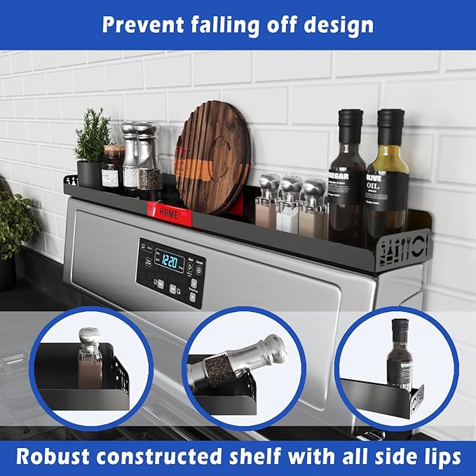 30" Magnetic Stove Top Shelf – Black Spice Rack with Red HOME Design – Seasoning Organizer for Back of Stove – Over Stove and Kitchen Storage Shelf