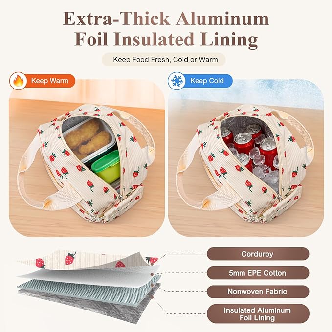 Lunch Bag Lunch Box for Women Adults Men, Cute Strawberry Corduroy Insulated Reusable Work Leakproof Simple Large Lunch Boxes Tote Bag Cooler Bag