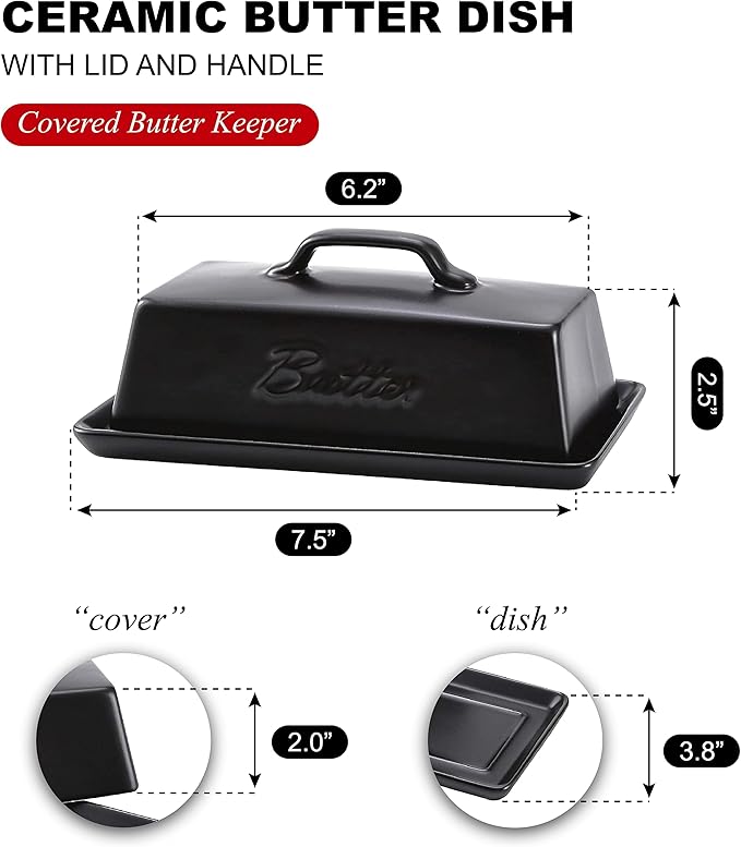 Bruntmor Ceramic Butter Dishes With Lid. Butter Holder/ Tray/ Storage With Lid And Handle. Porcelain Butter Keeper For Countertop. Butter Dish With Cover In Black Color.