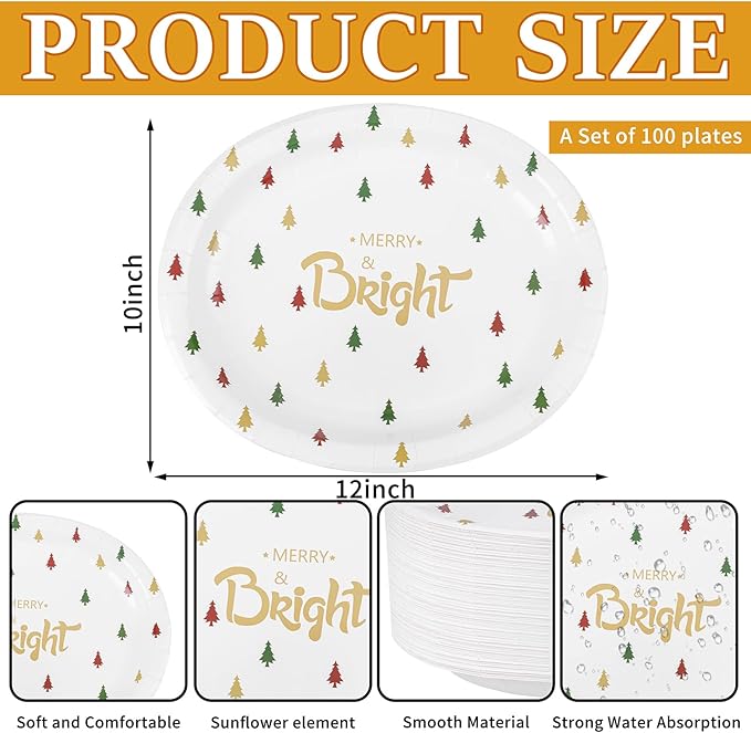 WDF 100 Pack Christmas Paper Plates - 10" x 12"Disposable Christmas Plates Disposable with Christmas Trees-Large Oval Paper Plates Heavy Duty- Party Plates for Christmas
