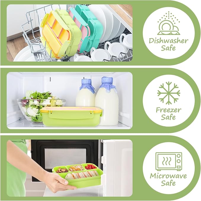 QQKO Bento Box for Kids Adults, School Toddler Lunch Box for Boys Girls, Lunch Box Containers with 4 Compartments, Sauce Container, Utensils, Food Picks and Muffin Cups for School, Pink Yellow Green