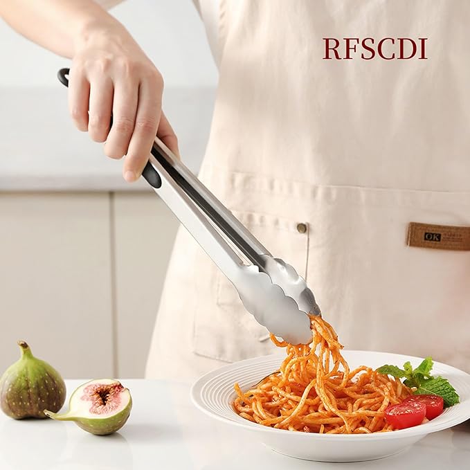 Stainless Steel Kitchen Tongs & Basting Brush Set – Heat Resistant Up to 600°F, Metal Locking Tongs for Cooking, Grilling, Baking & Barbeque (Silver, 9+12 inch)