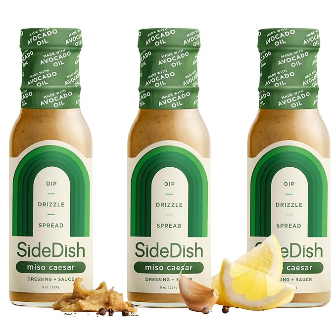 SideDish Miso Caesar Dressing (Pack of 3) – Seed Oil Free Salad Dressing Made w/Avocado Oil – Refined Sugar Free, Dairy & Gluten Free Dip & Marinade – Paleo Honey Mustard Dressing for Dips, Sauces