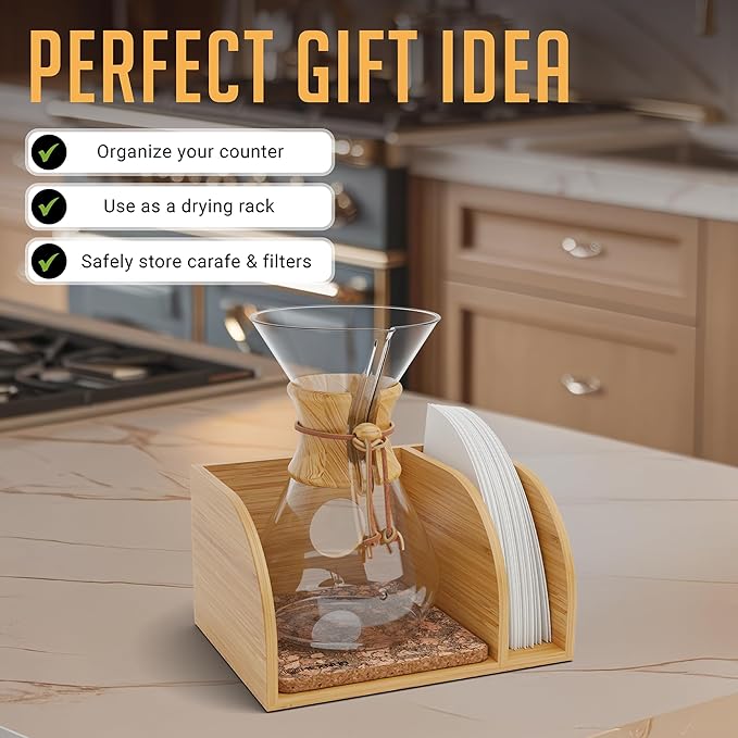 HEXNUB – Caddy for Pour Over Coffee Maker, Bamboo Stand fits Chemex, Bodum, Cosori Coffee Carafes, Heatproof Mat, Filter Holder for Drip Coffee Maker - Cork Mat