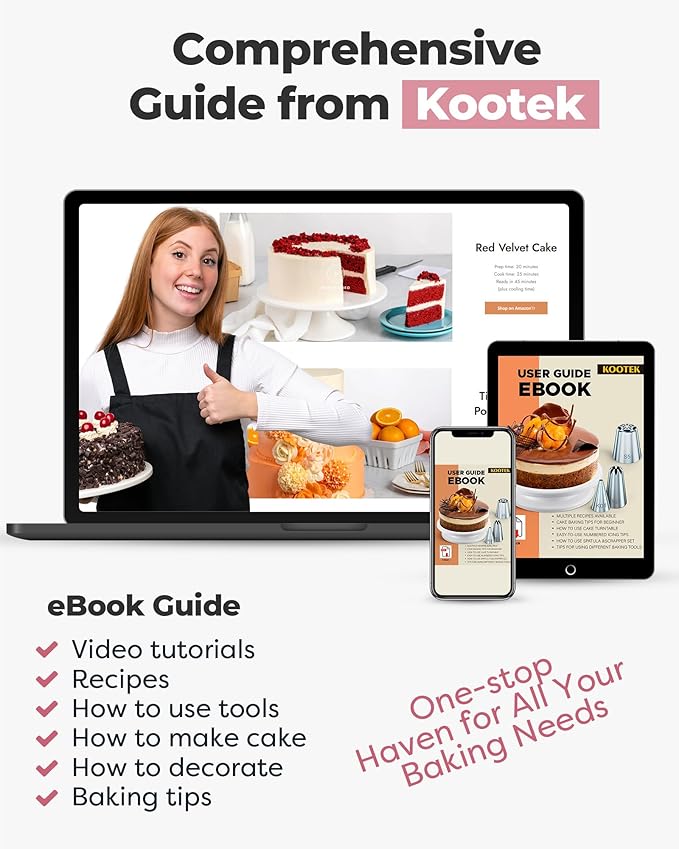 Kootek Cake Decorating Kit Baking Supplies Set Cake Turntable with 2 Frosting Straight Angled Spatula 3 Icing Smoother Scrapers Baking Accessories Tools for Beginners and Pros, Pink