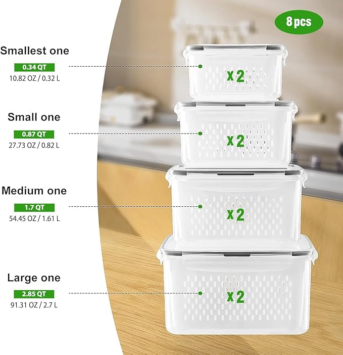 Freshmage Fruit Storage Containers for Fridge with Removable Colander, Airtight Food Storage Container, Dishwasher Safe Produce Saver for Refrigerator, Keep Berry Fruit Fresh Longer 8 pcs Small Clear