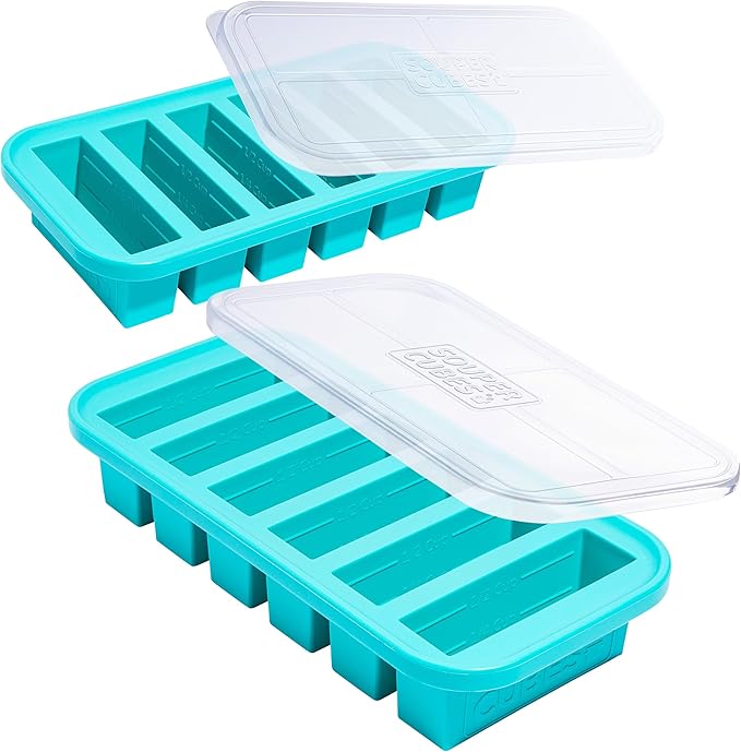 Souper Cubes 1/2 Cup Silicone Freezer Molds with Lids, Perfect for Storing Soups, Sauces, Juices, Desserts, Smoothie Prep and More, 1/2 Cup Silicone Freezer Trays - Aqua - 2-Pack