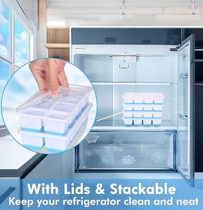 Large Ice Cube Trays with Lid, Jrisbo 2 Pack Stackable Silicone Ice Cube Molds for Freezer, Easy Release 16 Big Square Ice Trays for Whisky Cocktails (Blue)