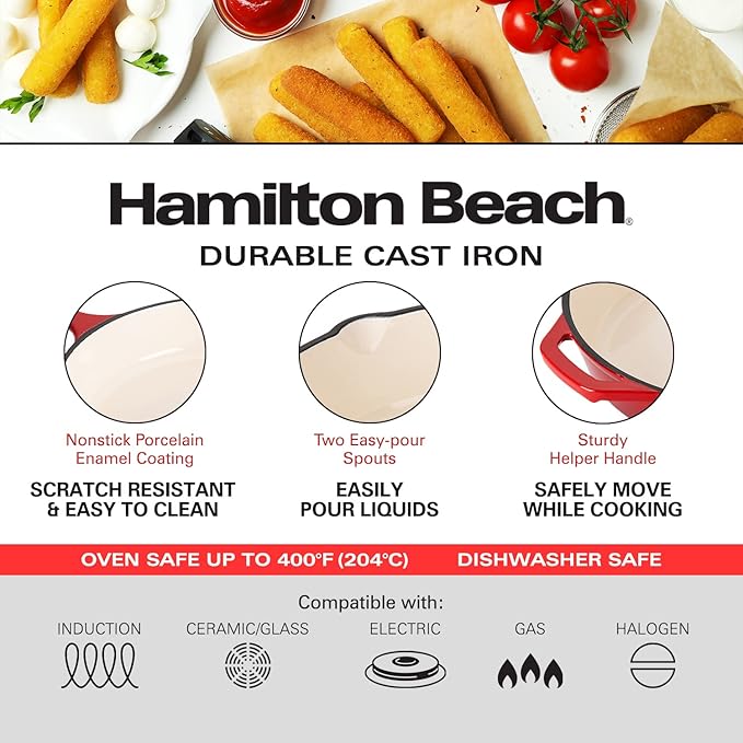 Hamilton Beach Enameled Cast Iron Fry Pan 12-Inch Red, Cream Enamel Coating, Skillet Pan for Stove Top and Oven