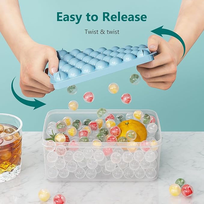 3 Pack Ice Trays for Freezer, 99 PCS Ice Cube Tray with Lid and Bin, Round Ice Cube Mold, Circle Ice Maker for Chilling Drinks (0.8 inch, Blue)