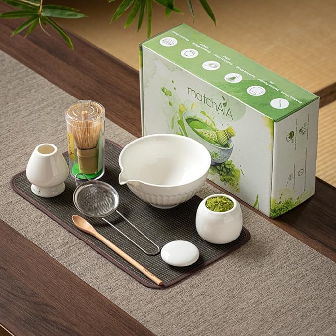 6 Pcs Matcha Set - Ceramic Bowl with Spout, Matcha Whisk with Holder, Tea Powder Canister, Sifter and Spoon, Complete Kit for Traditional Matcha, Modern Lattes, and Tea Ceremonies (White)
