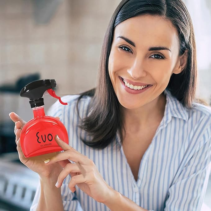 Evo Glass Oil Sprayer Bottle | Non-Aerosol for Olive Oil, Cooking Oils, Vinegars | 6-Oz Capacity | Rotatable Nozzle | Gourmet Cooking Tools - Food-Safe Materials | Red