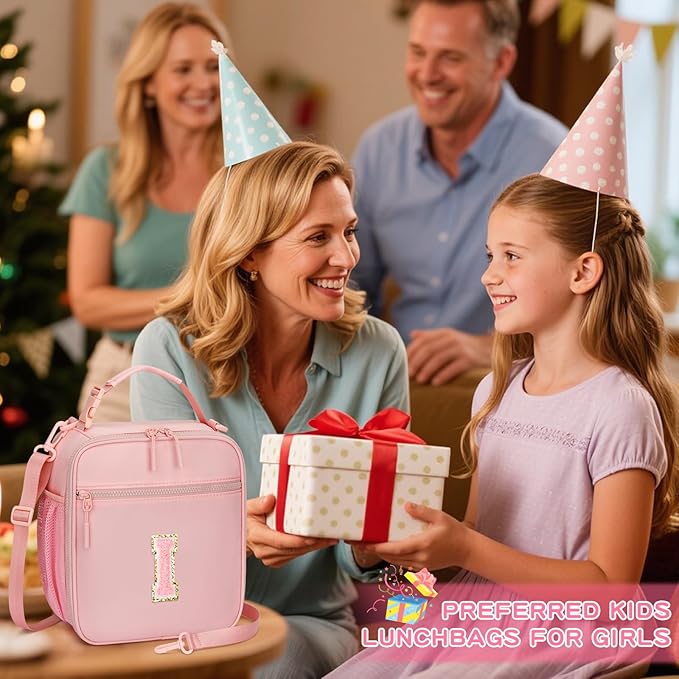 Initial Insulated Lunch Bag for Girls Kids, Back to School Gift, Reusable Leak-proof Lunch Box with Adjustable Strap for School Daycare Travel Picnic (Pink,I)