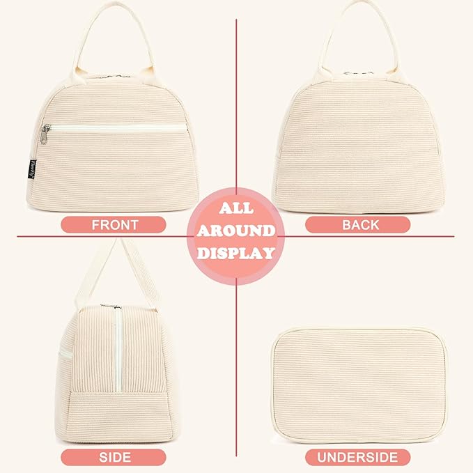FlowFly Lunch Bag for Women Insulated Lunch Box Corduroy Lunch Tote Cooler for Travel Work Picnic,Corduroy Beige