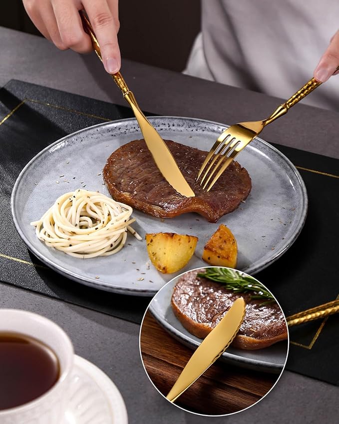 Lemeya 20-Piece Hammered Gold Silverware Set,18/10 Stainless Steel Forging Heavy Duty Cutlery Set for 4, Luxury Unique Flatware Set,Spoons and Forks Set,Mirror Polished,Dishwasher Safe