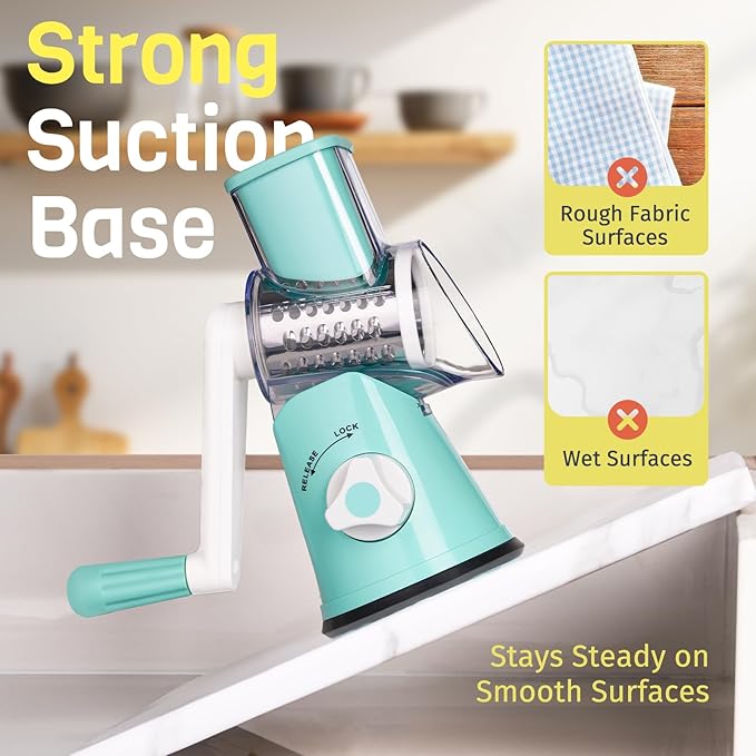 Rotary Cheese Grater Hand Crank, 3 Blades Slicer Shredder, Cheese Grater for Kitchen, Multi-Functional Kitchen Tool for Vegetables, Nuts, Chocolate, with Strong Suction Base, Blue
