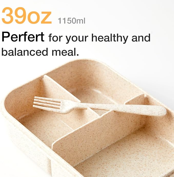 SEVENY Bento Box Natural Wheat Fiber Material,Ideal Leak-Proof Bento Box Adults,Lunch Box for Women,BPA-Free Lunch Box,Reusable Meal Prep Container for Body Builders, White