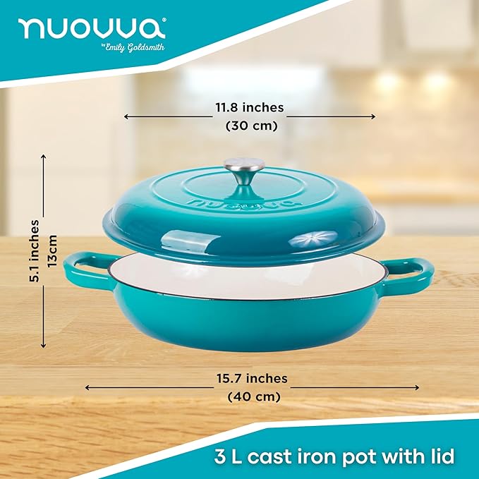 Cast Iron Dutch Oven with Lid – Non Stick Shallow Dutch Oven Pot, Oven Safe up to 500° F – Sturdy Cooking Pot – Enamelled Stockpot Cookware – Teal, 3.7-Quart, 30cm – by Nuovva