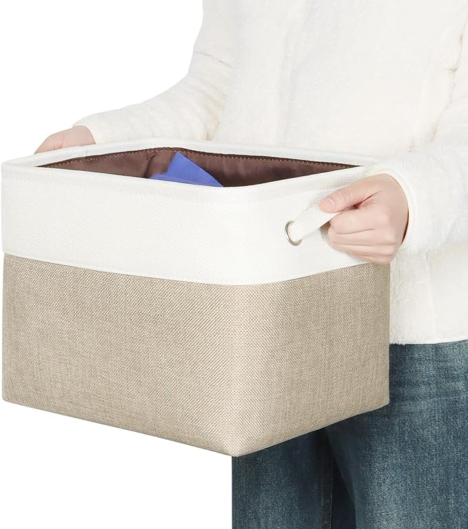 Kntiwiwo Foldable Storage Bin Collapsible Fabric Storage Basket Cube with Durable Handles Closet Organizer Bins for Organizing Shelves Drawers, Set of 3, 12" x 10" x 9.5", Beige