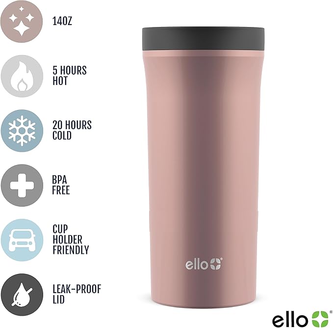 Ello Arabica 14oz Stainless Steel Travel Mug with Leak-Proof Slider Lid, Keeps Hot for 5 Hours, Perfect for Coffee or Tea, BPA-Free Tumbler | Gift for Coffee Lovers, Rosegold