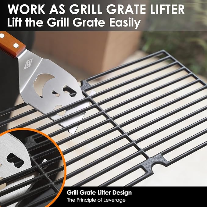 Heavy Duty BBQ Grill Tongs and Spatula for Outdoor Grill, 17” Long 5-in-1 Grill Spatula Comes with an 16” Long Locking Kitch Tongs, Best BBQ Gifts for Barbecue Grilling Master