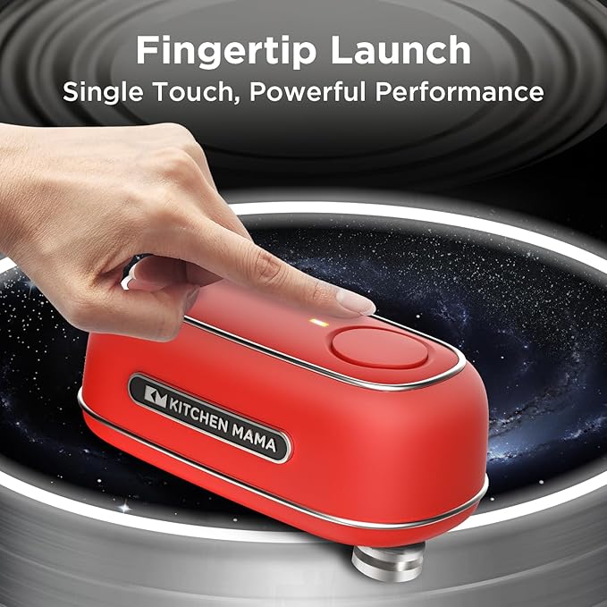 Kitchen Mama Orbit One Rechargeable Electric Can Opener: Hands-free, USB-C Charging, Automatic Stop, Smooth Edge, Safety, Blade for Large Cans, Heavy Duty, Soda Can and Pop Can, with Storage Box (Red)