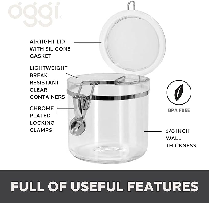 Oggi 4pc Clear Canister Set with Clamp Lids Airtight Containers in Sizes Ideal for Kitchen & Pantry Storage of Bulk, Dry Foods Including Flour, Sugar, Coffee, Rice, Tea, Spices & Herbs