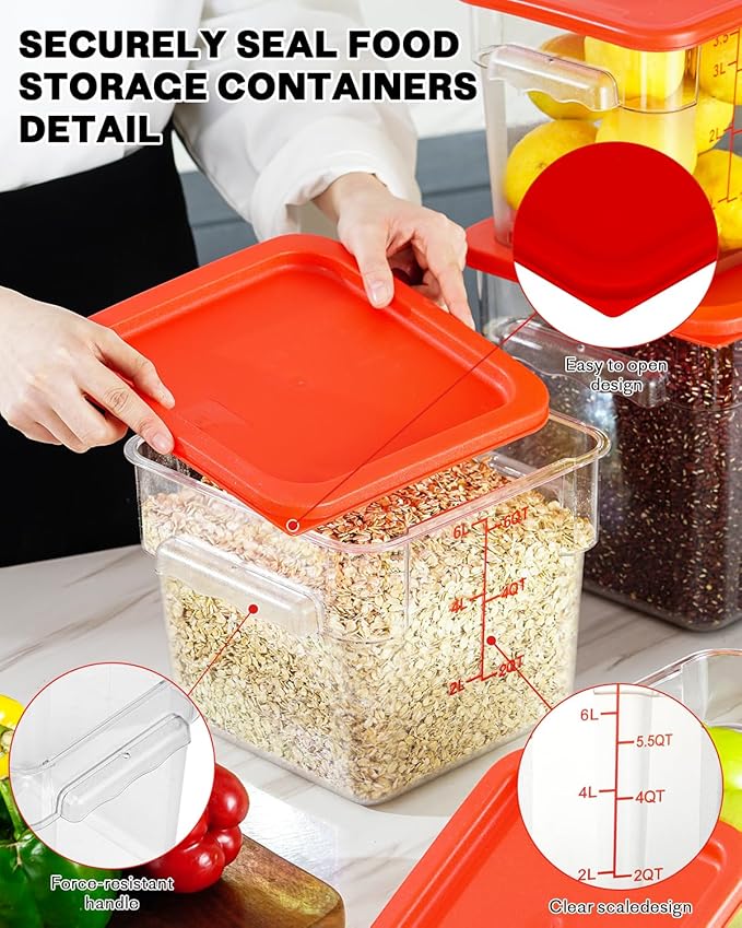 8QT NSF Food Storage Containers: 8 PCS[Food Grade][Hot&Cold Resistant] Clear Food Storage Containers with Scales Handles for Home Restaurant Kitchen Storage Pizza Proof Dough, BPA Free (N6)