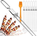 Metal Skewers for Kabobs - 17" 10 Pack Kabob Skewers with Push Bar Double Pronged Anti-Roll Flat BBQ Skewer for Grilling Stainless Steel Reusable Kebab Skewer for Meat Shrimp Chicken Veggie