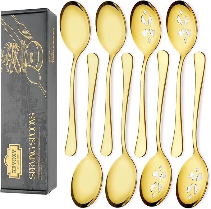 8 Piece Stainless Steel Serving Spoon Set - 4 Large, 4 Slotted,Dishwasher Safe,10-Inch,Gold, for Parties/Kitchen/Buffet/Catering