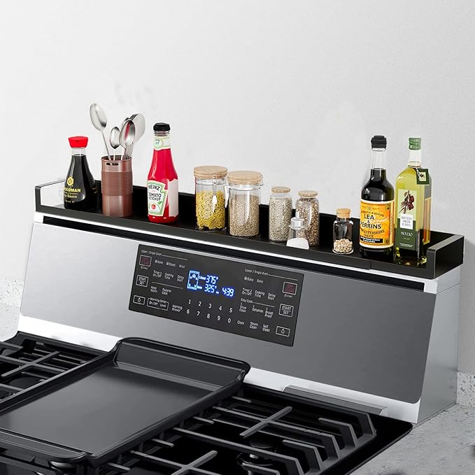 4X Strong Magnetic Shelf for Stove Top, Adjustable 15-30 Inches, Fits Various Stove Lengths, Kitchen Organizer, Holds Spices, Condiments and BBQ Sauces (Matte Black)
